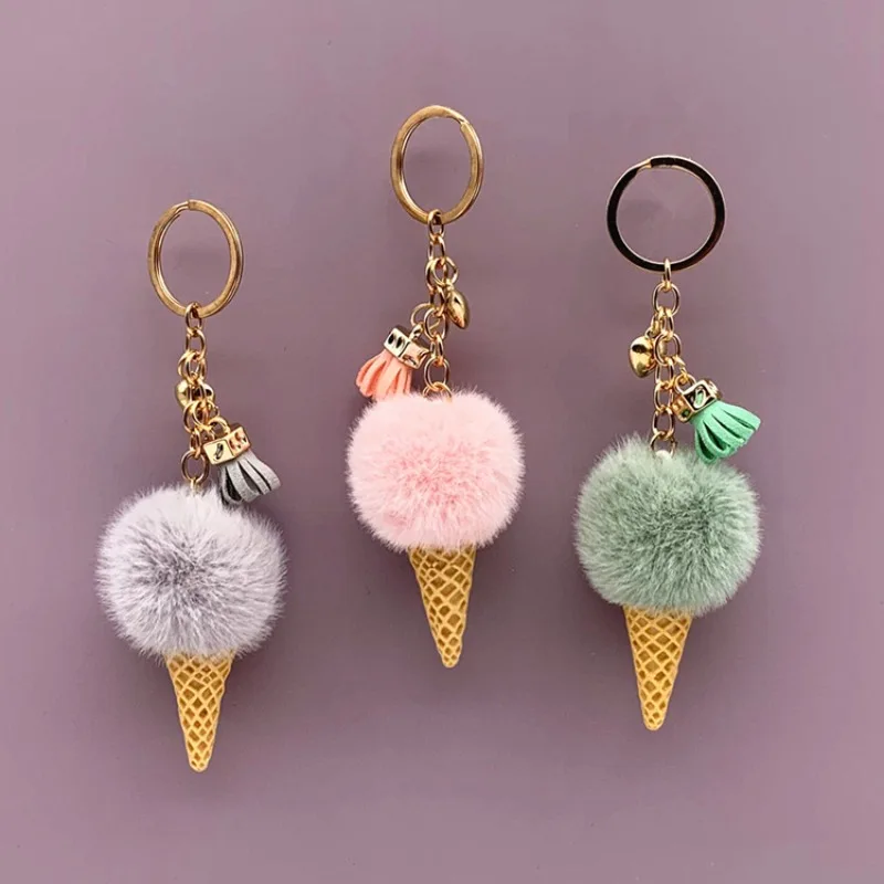 Ice Cream Keychain, Cute Bag Cartoon Plush Pendant Sweet Cone Car Key Chain with Pom-pom Creative Gift