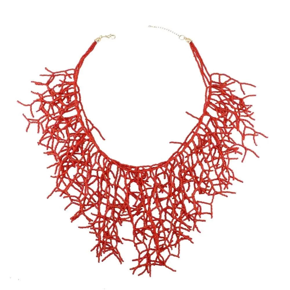 Unique ZA Large Faux Red Coral Necklace for Women Long Handmade Acrylic Beads Tassel Chokers Necklaces Elegant Collar Jewelry