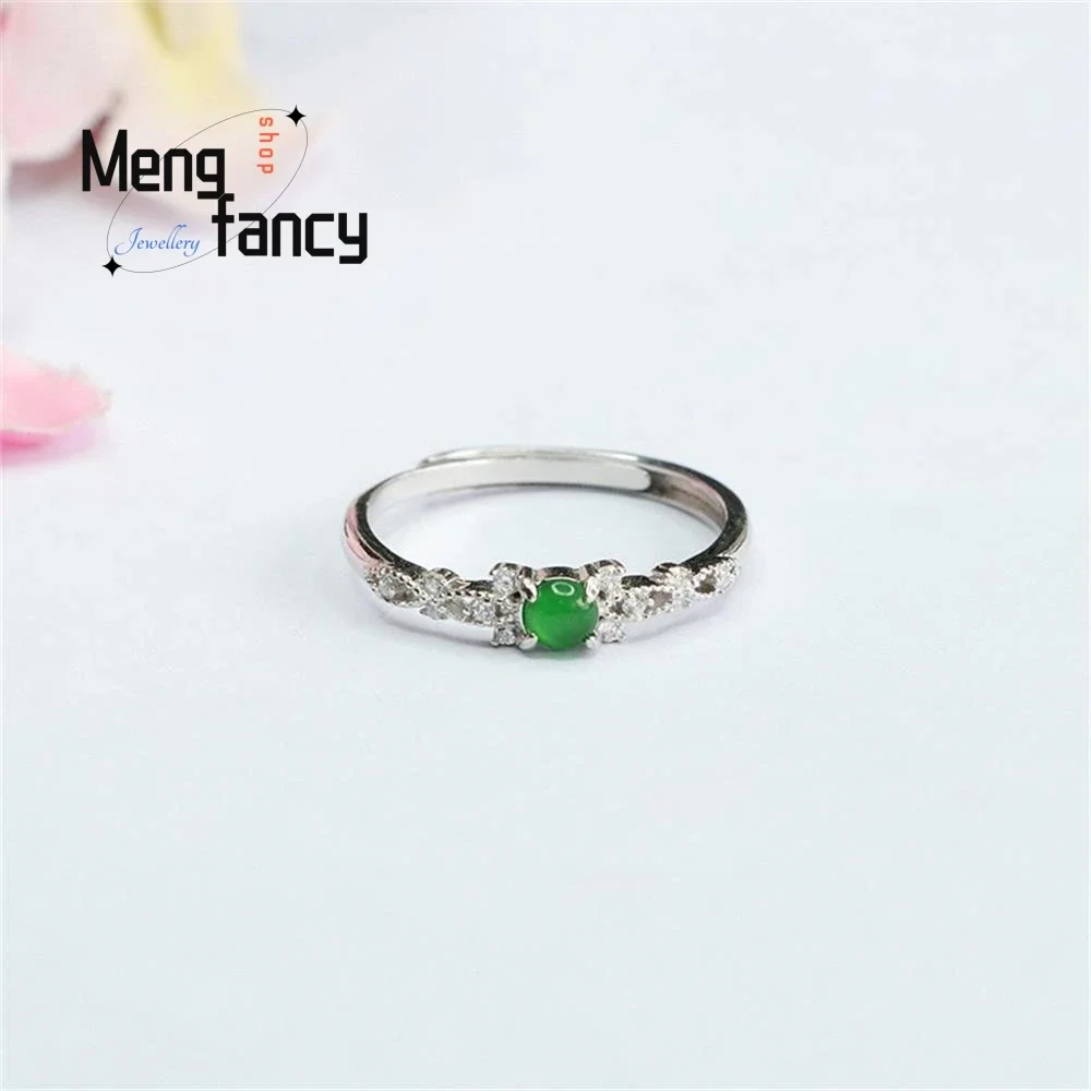 

S925 Silver Inlaid Natural Jadeite Ice Seed Spicy Yang Green Ring Exquisite Elegant High-grade Couple Luxury Fashion Jewelry