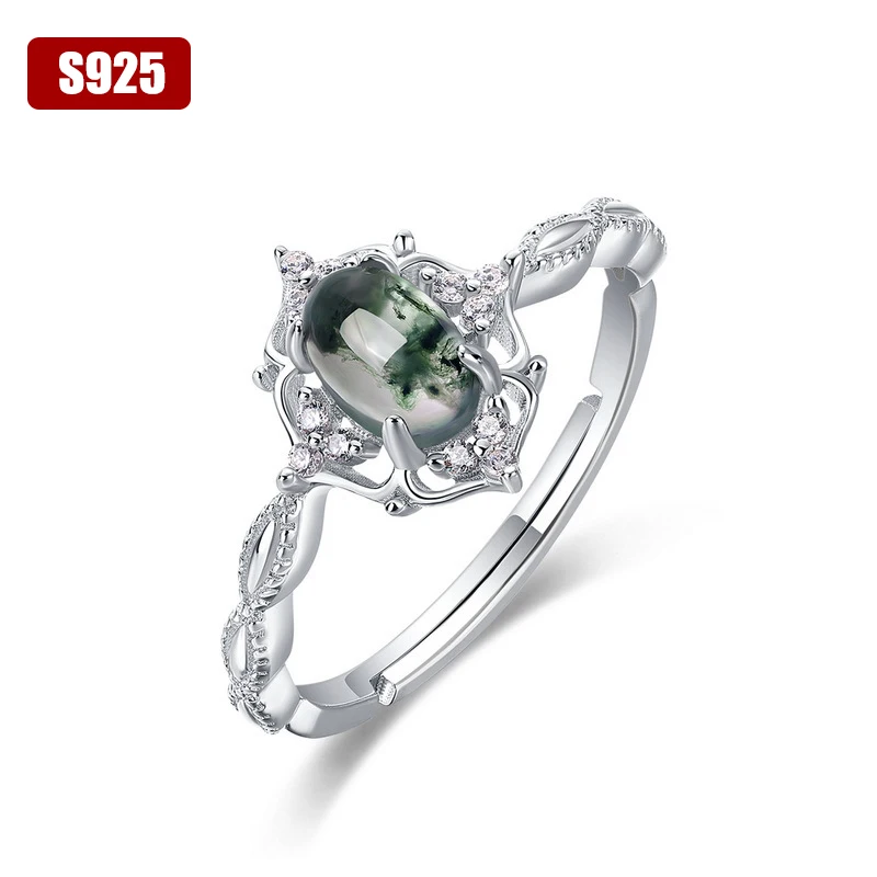 925 Sterling Silver Natural Unique Green Moss Stone Ring for Woman Oval Jewelry Wedding Gift Box Engagement Wholesale