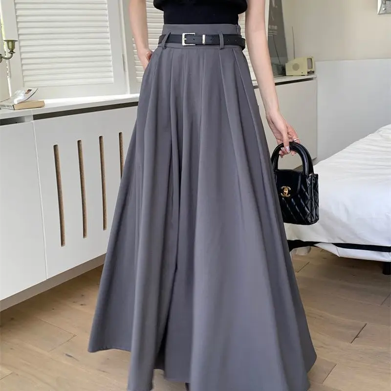 

Women High Waist Skirt 2024 Spring Vintage Office Korean Fashion Pleating Swing Skirt Holiday Loose Solid Maxi Skirt