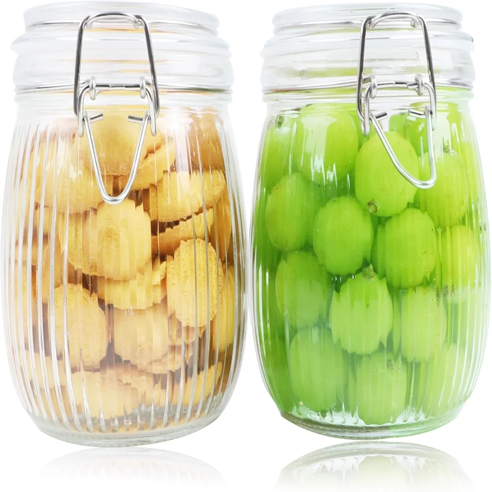 Glass Jars With Airtight Lid 24 Oz (2 Set )Wide Mouth Mason Glass Container Sealed  Canisters With Clamp  Leakproof For Refriger