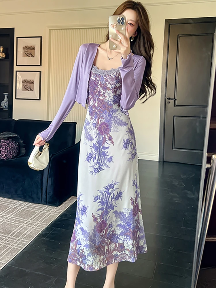 女性グリーンジャカード花スリングセクシーなドレス + トップシャツ 2 点セット 2025 夏の新韓国ファッションエレガントなボディコンドレスセット