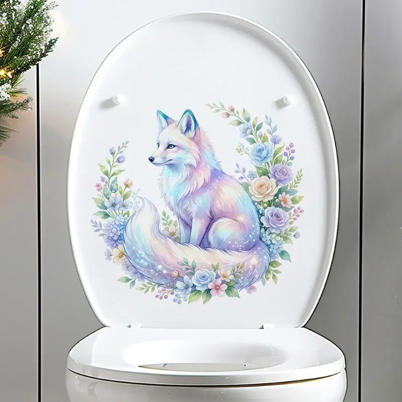 Gradient Iridescent Arctic Fox Bouquet Toilet Seat Sticker Bathroom Floor Decal Waterproof Anti Slip Removable Bathtub Decor
