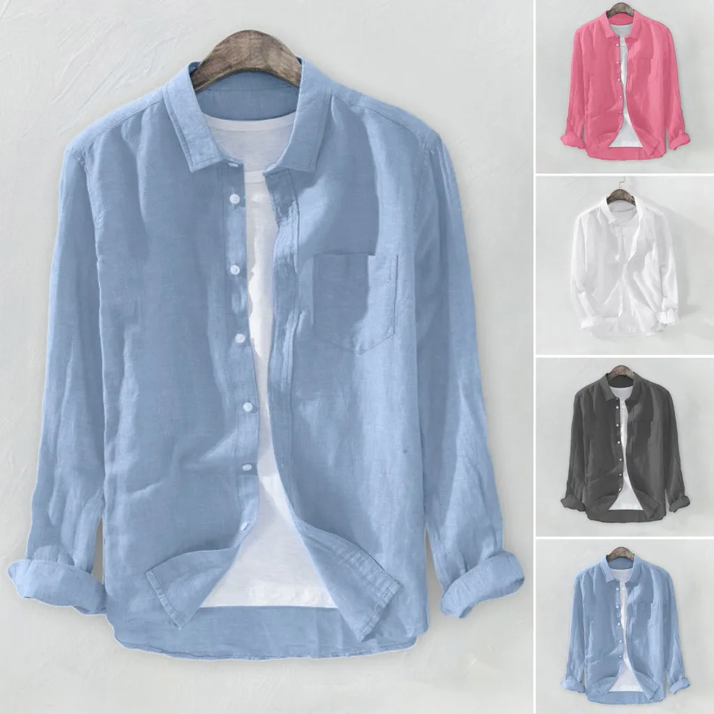 Chemises boutonnées à manches longues pour hommes avec poches, chemise en coton et lin, chemise bouffante, document solide, frais, grande taille,