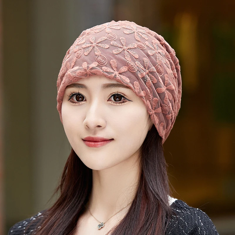 2024 Spring Summer Thin Cotton Lace Women Skullies Beanies Lady Fashion Lace Design Hats For Girl Turban Caps Chemo Cancer Hat
