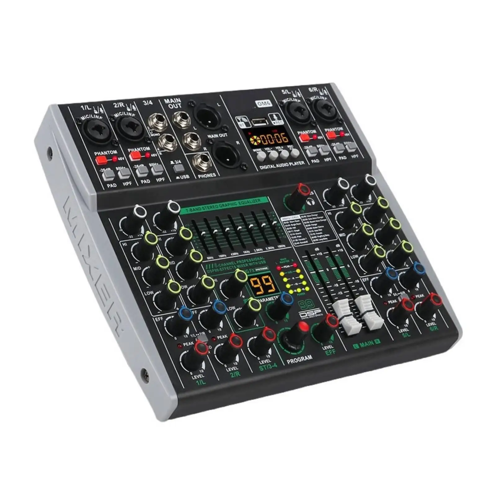Compact Digital Audio Mixer with 7 Band EQ and 48V Phantom Power for Podcasting
