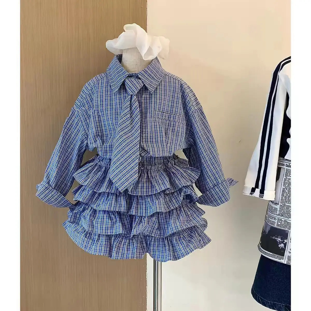2026 New Girls Set Korean Blue Checkered Shirt Cake Skirt College Art and Fashion Girls Treasure