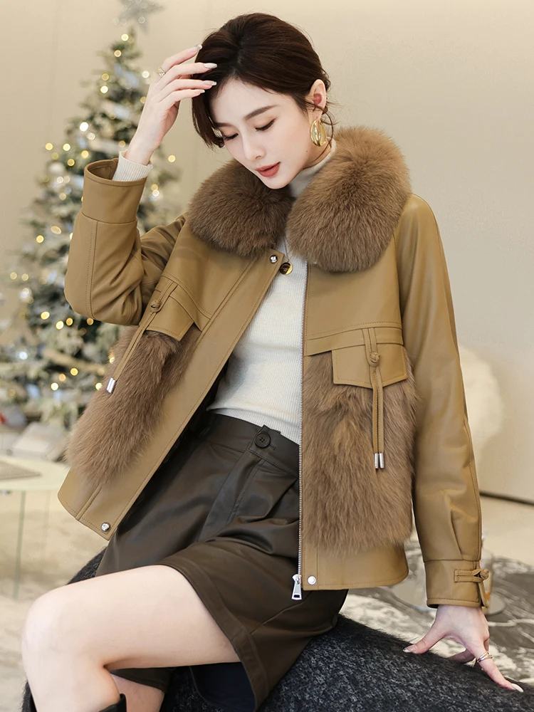 Women's Winter Down Jacket 2024 New PU Leather Fox Hair Lmitation Mid Length Jacket Thickened Women Coat Fur Women Loose Coar