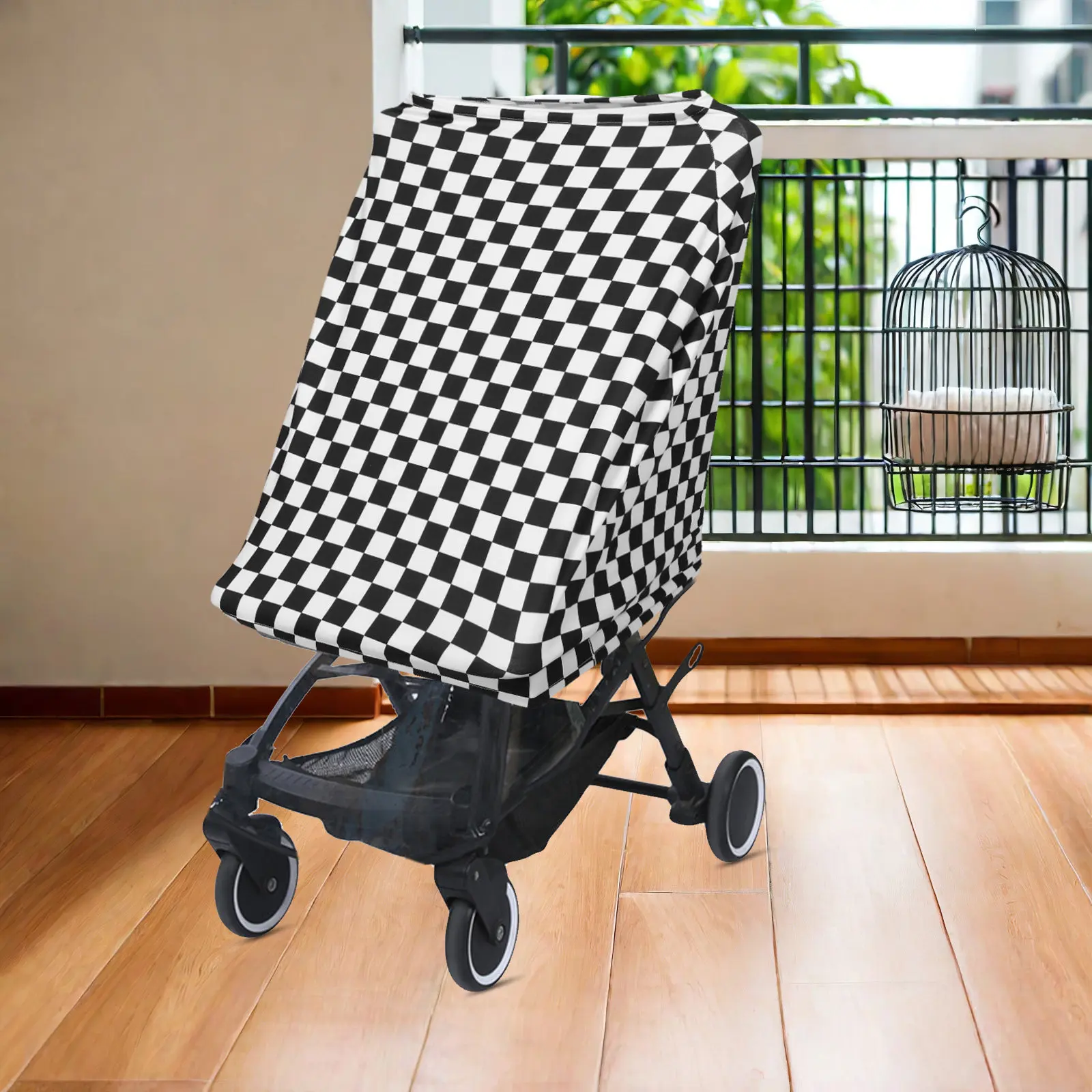 

Universal Stroller Wind Shade Canopy Black White Lattice Polyester Sunshade For Baby Carriage Wind Resistant Breathable