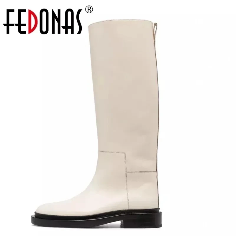 FEDONAS New INS Women Genuine Leather Knee High Boots Thick High Heeled Motorcycle Boots Warm Autumn Winter Shoes Woman Boots