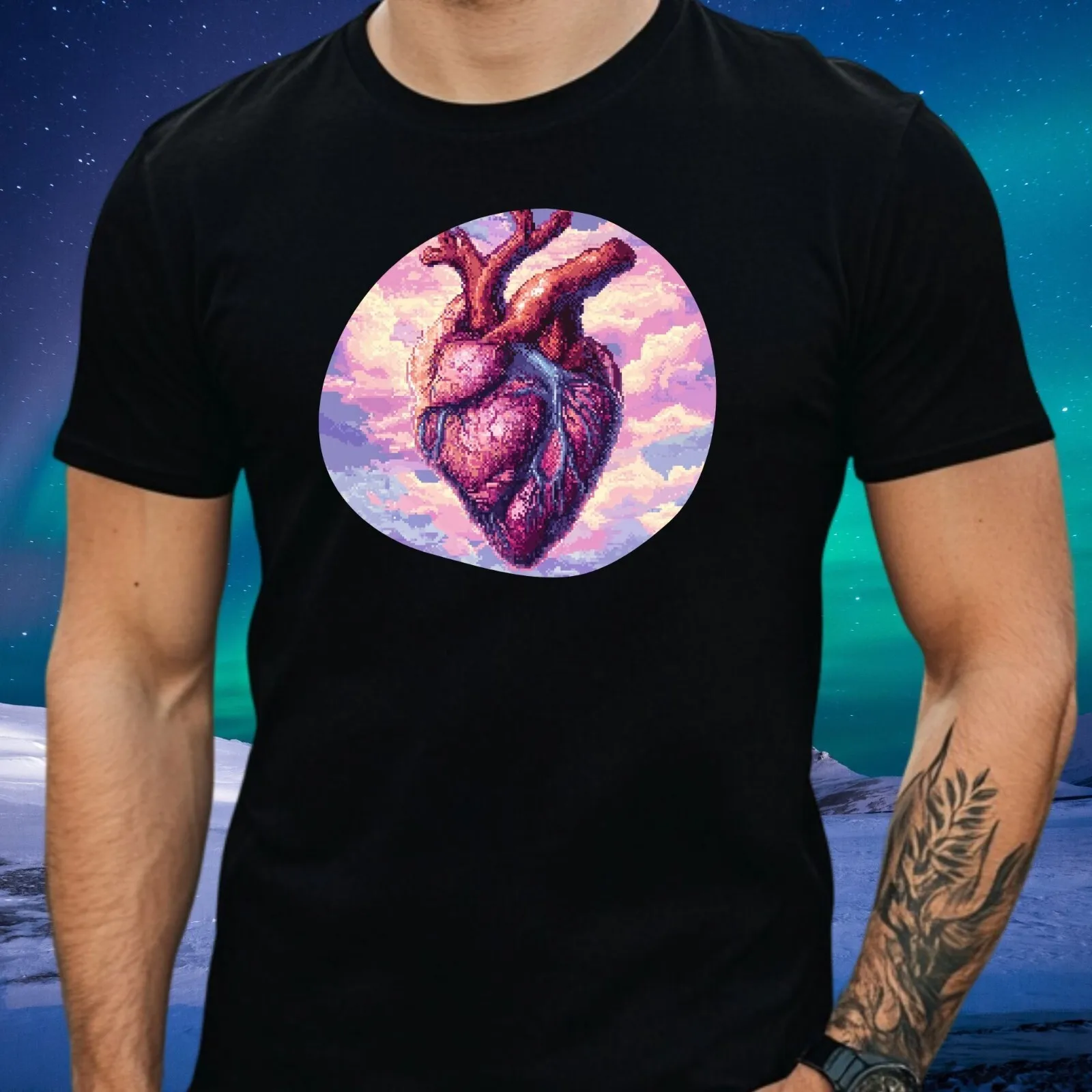 Camiseta de algodón con motivo de arte pixelado de anatomía del corazón para hombre, talla XS a 5XL