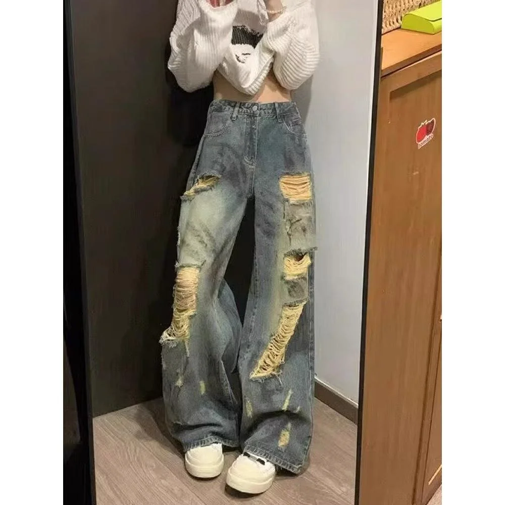 

Женские джинсы с эффектом потертости в стиле ретро, с высокой талией, широкими штанинами, длиной в пол, летние, новый стиль, повседневные, синие, из хлопка