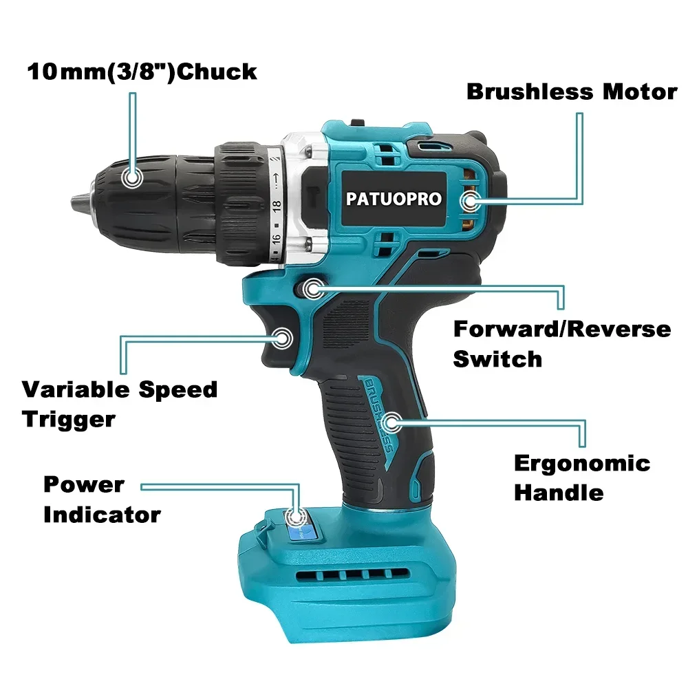 10mm Brushless Electric Drill Screwdriver Cordless 2 Speed 18 Torque Screwdriver Drilling Ice Power Tools For Makita 18V Battery