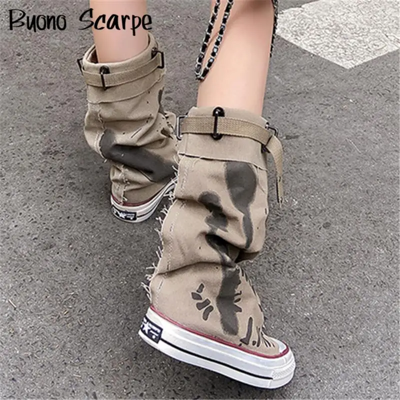 Fashion All Match Sport Mid Calf Boots Women's Canvas Chunky Flat Heel Platform Novelty Shoes Casual Belt Buckle Designer Botas