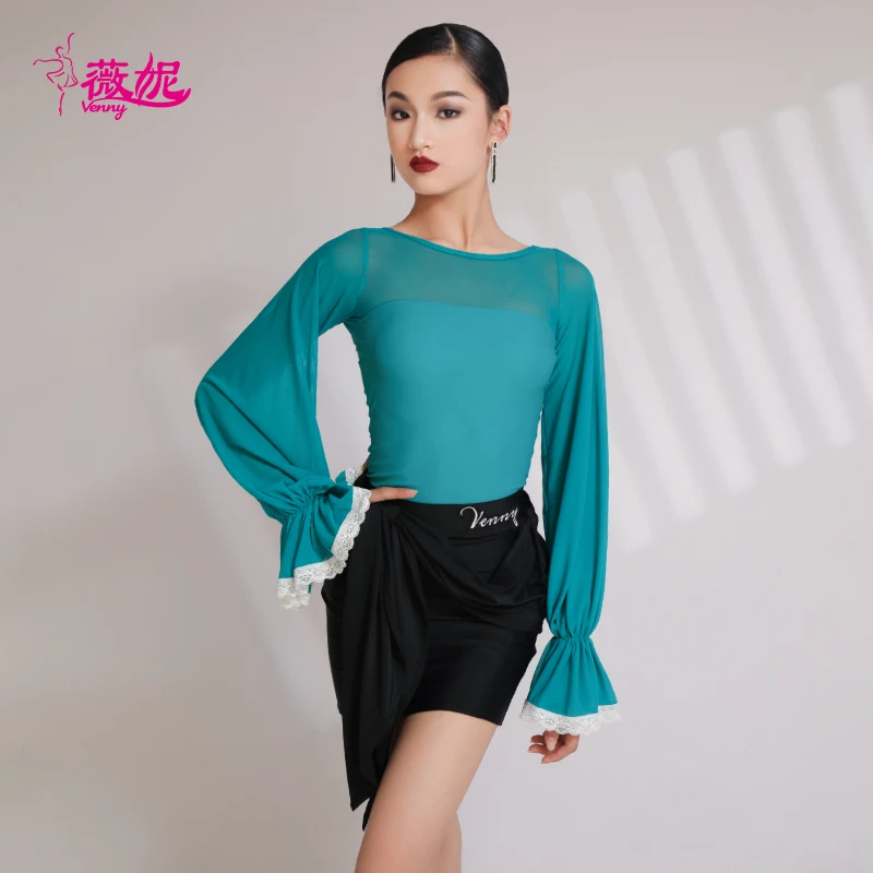 

Платье для латинских танцев Vennystyle для девочек, профессиональный стандартный тренировочный комплект с длинными рукавами и юбкой, костюм для бальных танцев