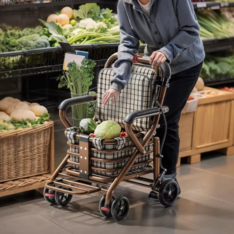 

Can Sit Elderly People Cart Walking Foldable Rolling Walker with Seat Portable Light Grocery Shopping Cart Seniors Walking Aids