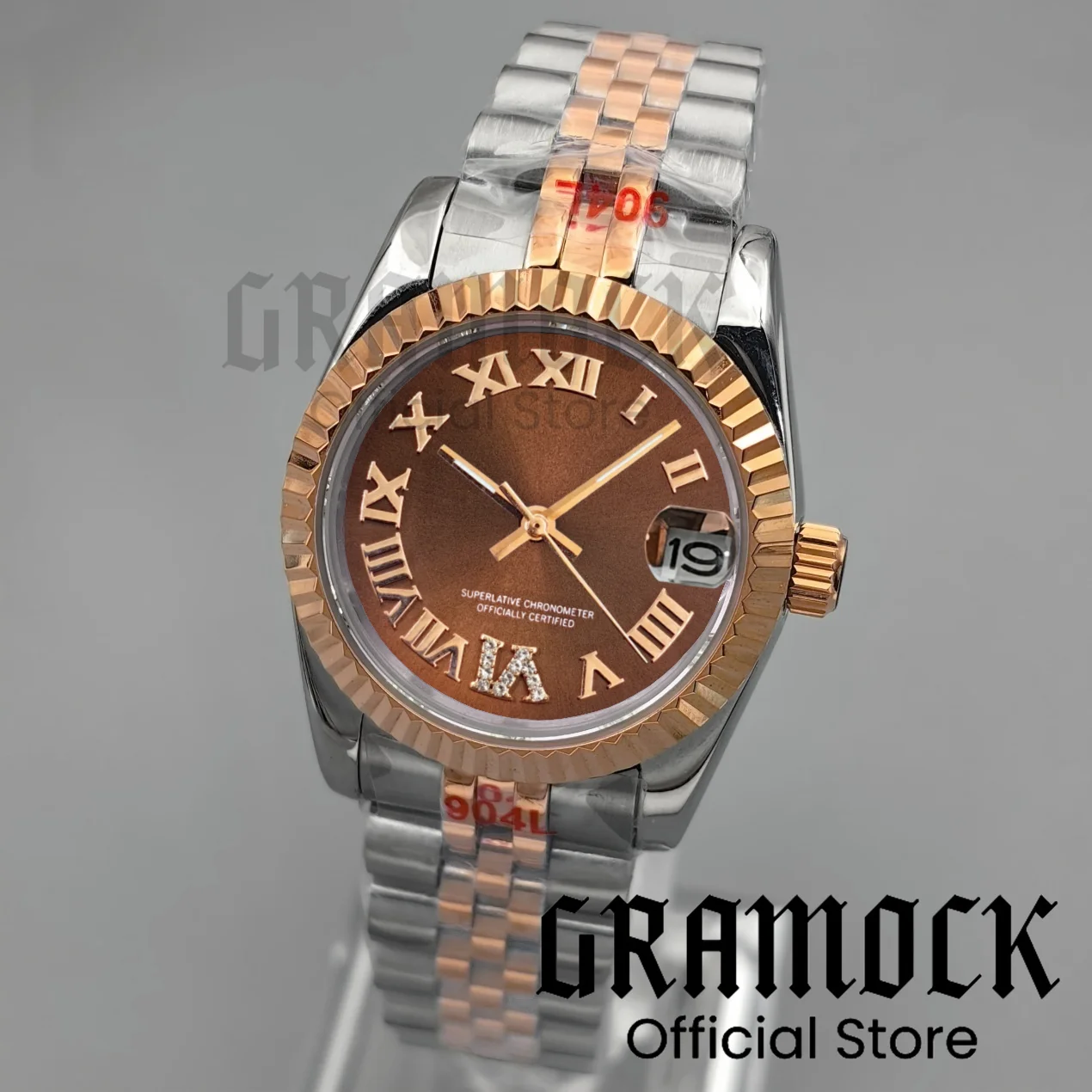 Reloj mecánico NH15A de dos tonos de oro rosa de 31mm para mujer, Número romano, esfera marrón de diamante, cristal de zafiro, correa de Jubileo de buzo de 100m