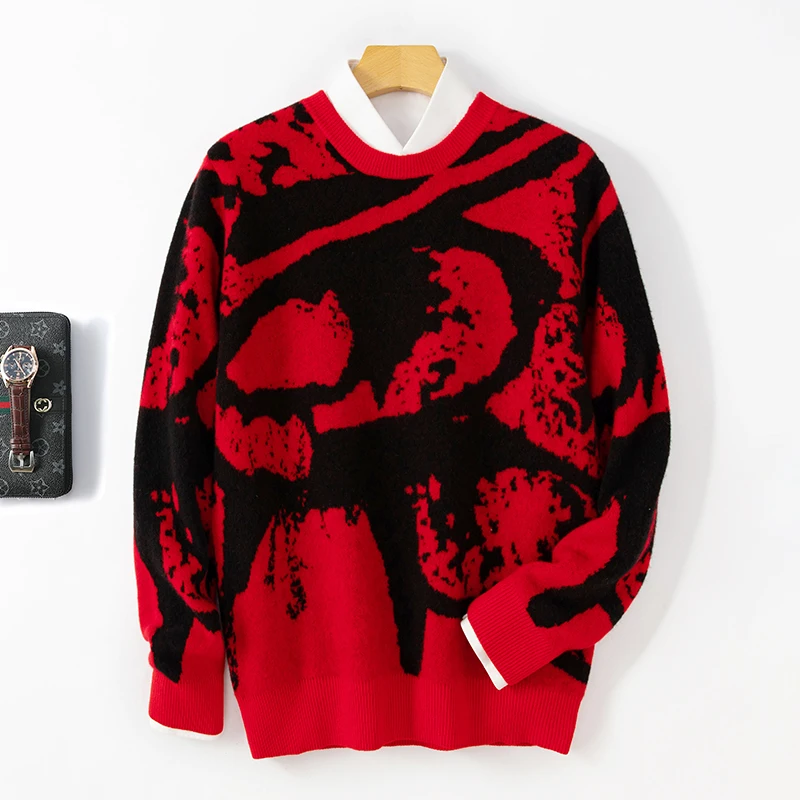 New Jacquard Contrast Men's Crewneck Sweater in Autumn and Winter 100% Pure Wool Knitted Bottom Shirt