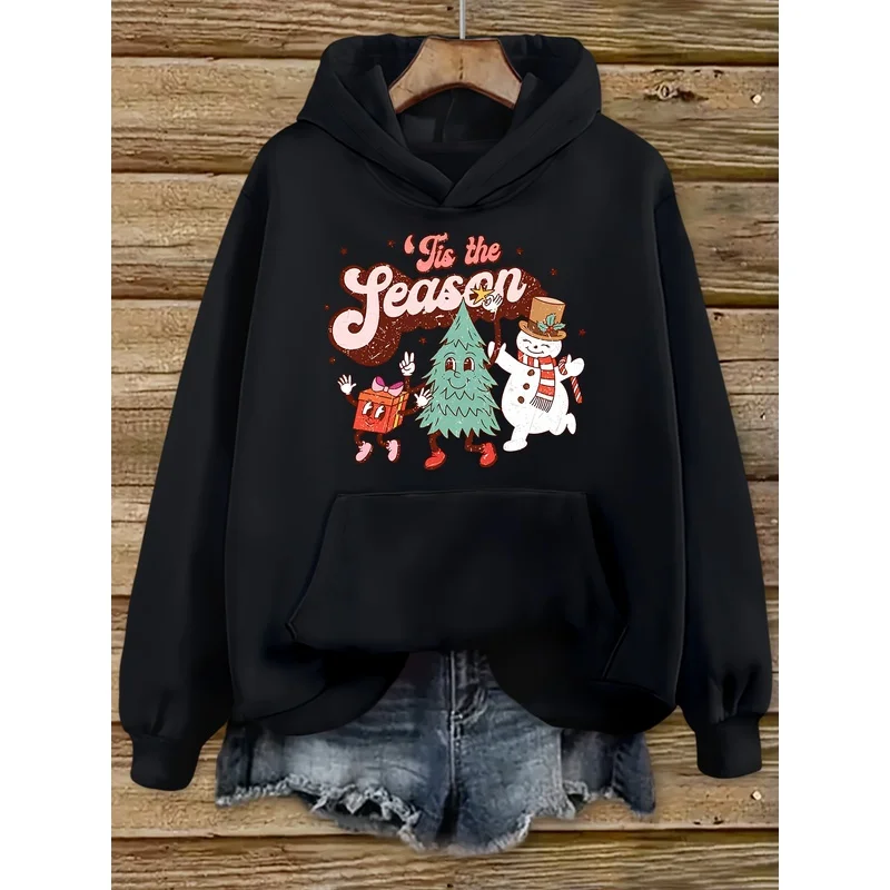 Christmas cartoon tree and snowman print hoodie，Casual pullover sweater