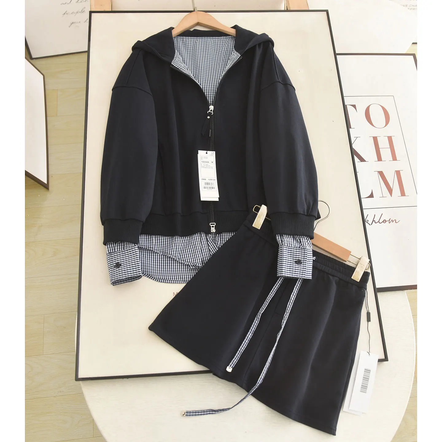 Casual Plaid Patchwork Hoodie And Skirt Set Women's Autumn Fashion Two-Piece Suit Long Sleeve Bird Miu Style Loose Comfortable