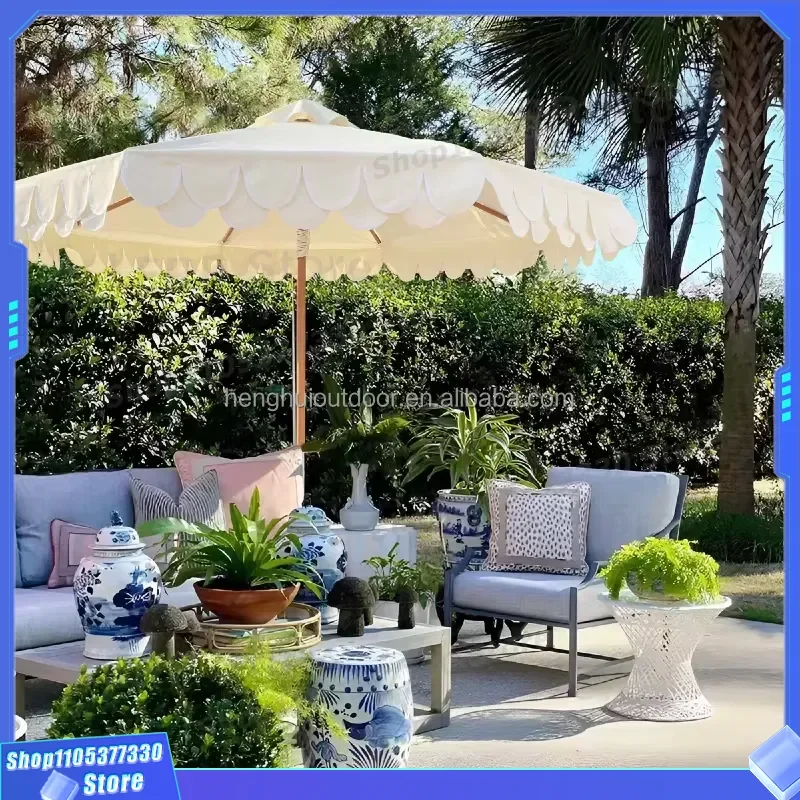 Outdoor Furniture 9 FT Cafe Custom Logo Sun Shade Parasols 100% Polyester Pool Wood Scalloped Patio Garden Beach Umbrellas