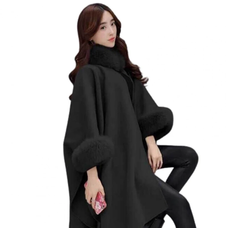 Ladies Cape Coat Solid Color Faux Fur Collar Autumn Winter Warm Loose Mid Length Poncho Jacket For Everyday Wear Bohemian Shawl