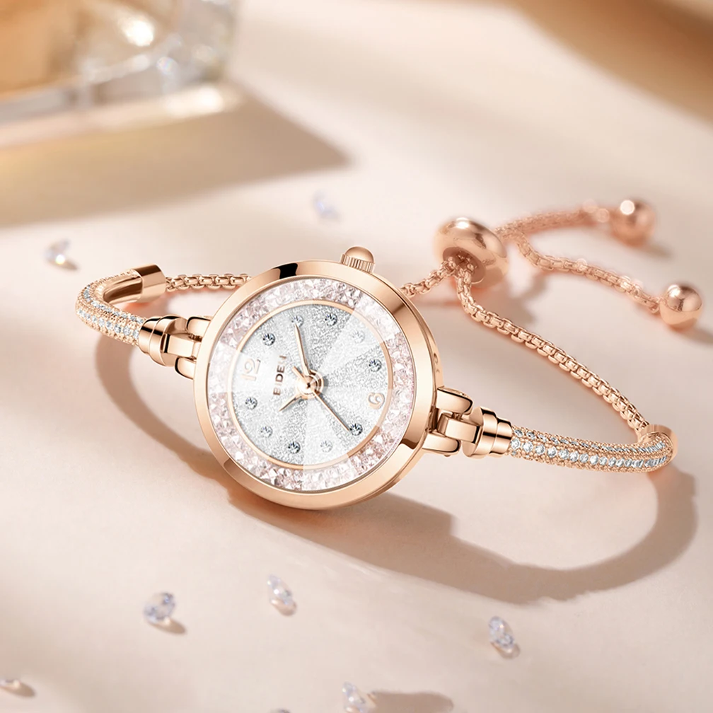 BIDEN Small Rose Gold Bracelet Round Dial Quartz Watch Luxury Waterproof Women's Diamond Watch Casual Fashion