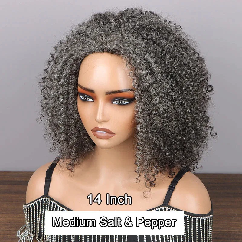

Drawstring Salt n Pepper Kinky Curly 3 In 1 Half Wigs 100% Human Hair Beginner Friendly Grey 3/4 Half Wig For Mature Women