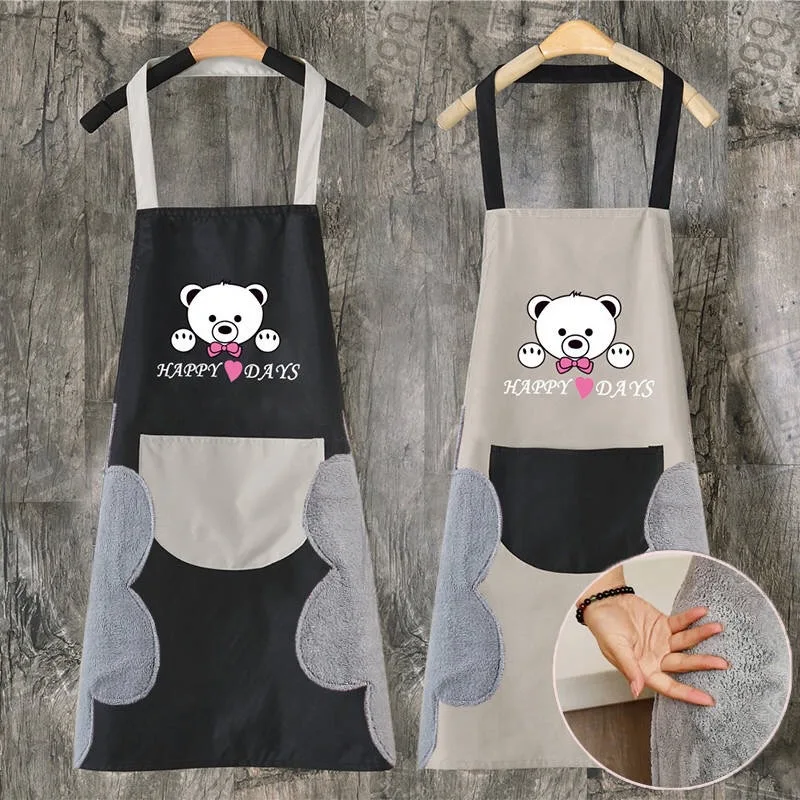 Hand towel apron waterproof stain home kitchen cooking waist Korean creative cute bear hanging neck towel apron oversleeve