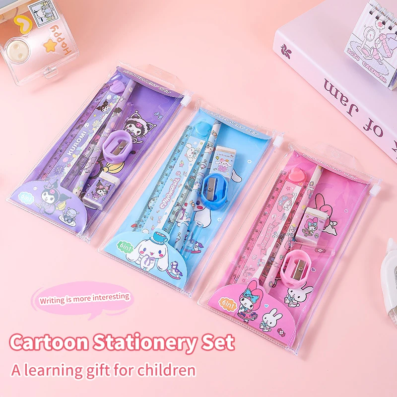 1Set Kawaii Sanrio Cinnamoroll Kuromi My Melody Pencil Eraser Ruler Pencil Stationary Set Sharpener School Even Prizes