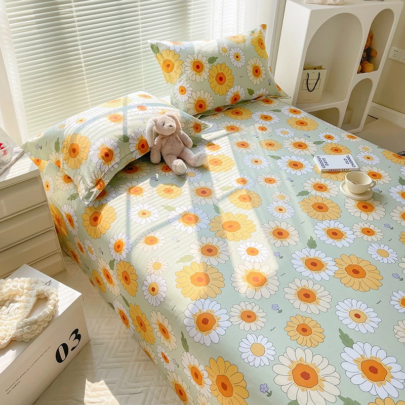 Daisy Set seprai katun ukuran Ratu kamar anak-anak Set seprai bunga botani sprei dan sarung bantal lembaran datar untuk dekorasi kamar tidur