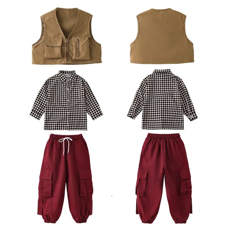 Vêtements Hip Hop pour enfants, chemise à carreaux noir et blanc, vin rouge, pantalon de jogging Cargo large décontracté pour filles et garçons, Costume de danse Jazz