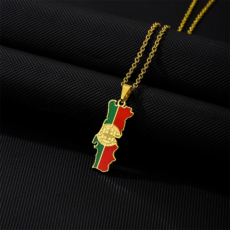 Enamel Portugal Map Flag Pendant Necklace Chain Women Stainless Steel Gold Color Patriotic Jewelry Portuguese PRT For Girl Gift view 3