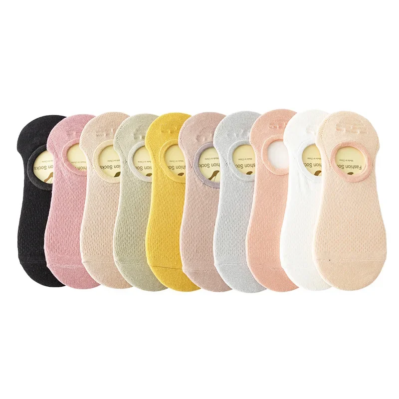 Chaussettes invisibles en Silicone antidérapantes pour femmes, 10 paires, été, maille solide, coupe basse, bateau, coton décontracté, ensemble de chaussettes fines