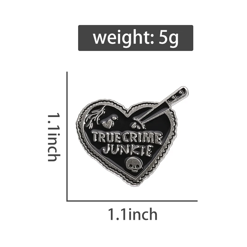 True Crime Junkie Enamel Pins Custom Black Heart Badges Lapel Brooches Gothic Punk Jewelry Accessories Gift For Friends