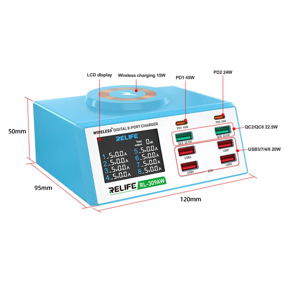 Magnetyczne ładowanie bezprzewodowe RL-309AW RELIFE dla iPhone Macbook Magsafe PD QC3.0 8 portów USB szybki wyświetlacz cyfrowy stacji ładującej