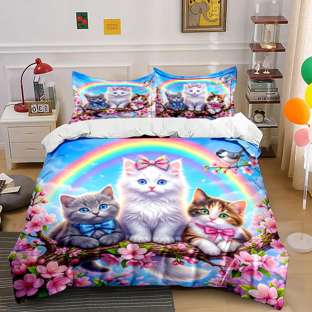 Three bow-tied kittens on blooming tree Print Bedding Set 1 Duvet Cover 2 Pillowcases for Adult and Children Luxury Gift