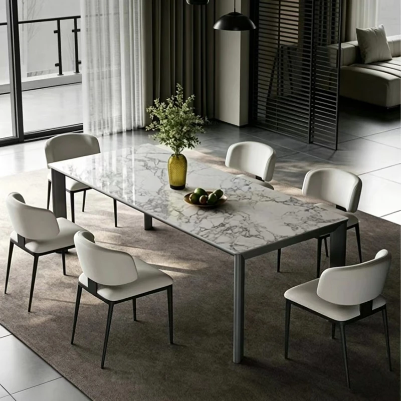 Luxury Rock Slab Dining Table High-end Restaurant Rectangular Stainless Steel Large Flat Floor Rock Slab Dining Table And Chair