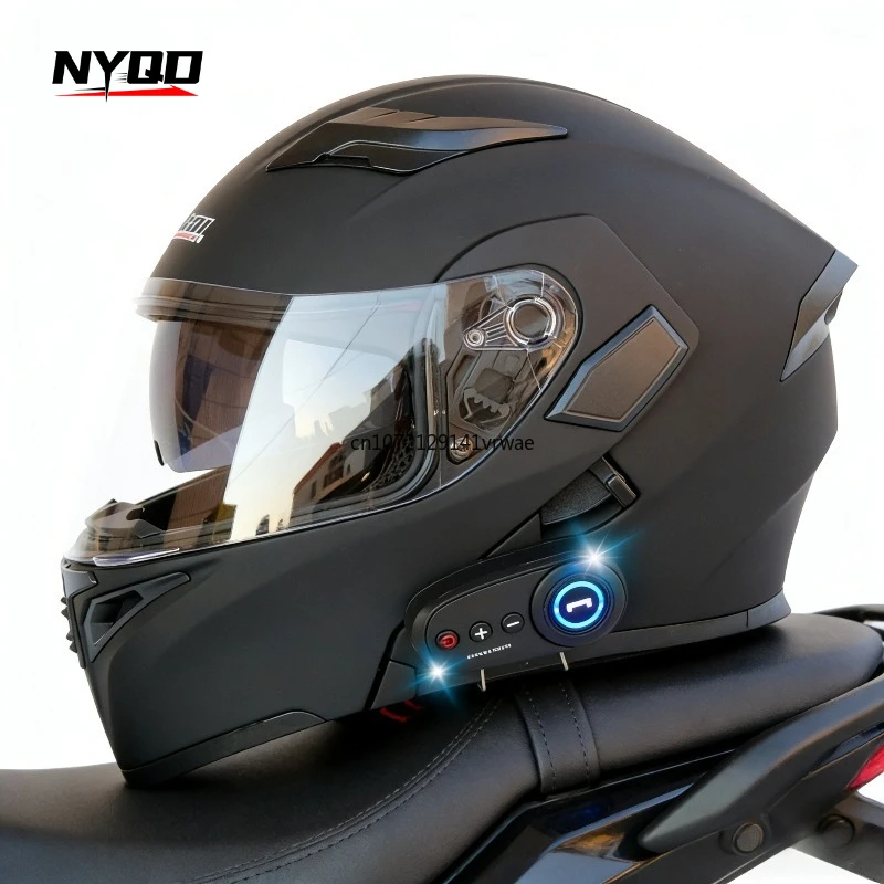 

Мотошлем-флип-ап для мужчин и женщин с Bluetooth, FM-радио, двойными линзами, защитой от ветра, дальним радиусом действия, для езды на электромотоцикле, безопасный, полноразмерный