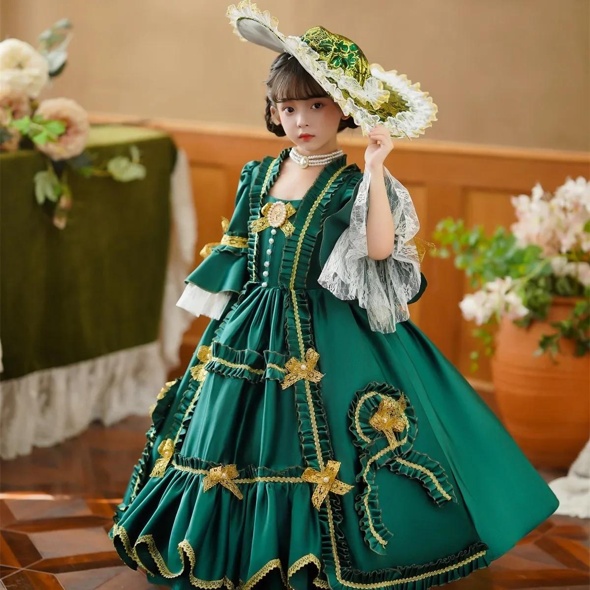 GUXQD Green Ball Gown Baby Flower Girl Dresses Medieval Court Halloween Children Princess Prom Birthday Party Gowns Baroque