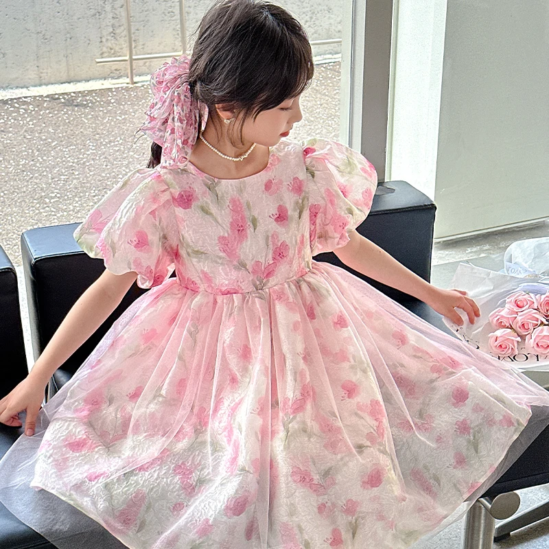 

Cute Girls Summer New Dress Children's Princess Dress Back Ribbon Bow Flowers Pattern Sweet Kids' Puff Sleeve Vestidos for Girls