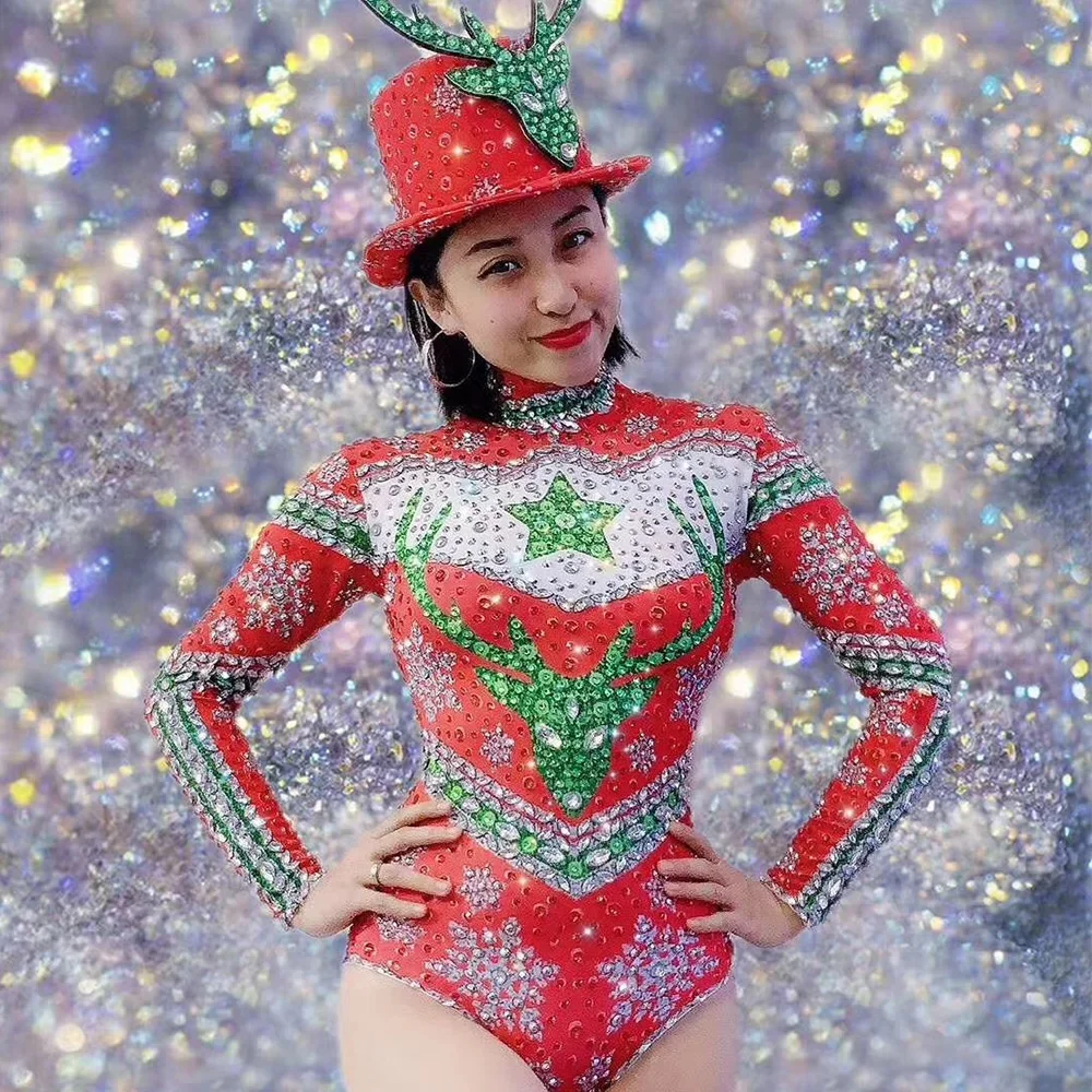 Body imprimé flocon de neige avec strass brillants pour femmes, chapeau d'élan, Costumes de noël, chanteur, danseuse, vêtements de scène, tenue de jeu de rôle