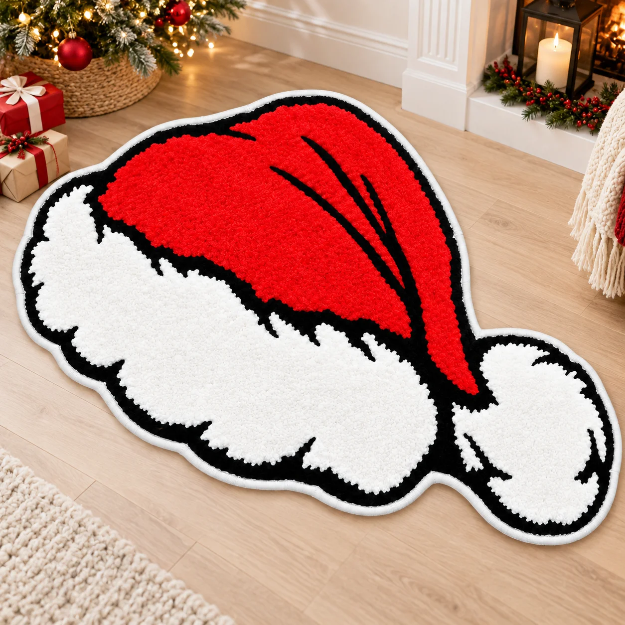 Santa Hat Shaped Area Rug, Christmas Irregular Floor Mat for Entryway, Bedroom, Living Room and Festive Holiday Home Decor
