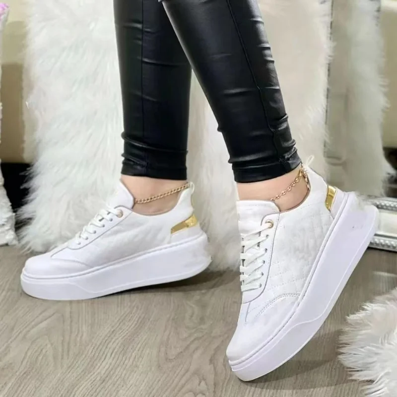 Women\'s Shoes 2024 New Fashion Tennis Thick Bottom Vulcanized Shoes Casual Leather Lace Up Outdoor Running Black Chaussure Femme