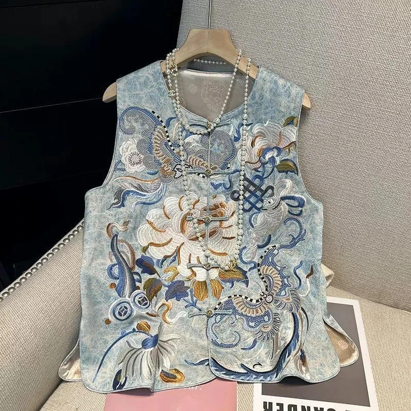 New Summer Chinese Style National Wind Thin Sun Protection Vest With Round Neck Heavy Embroidery Toggle Buttons Sleeveless Top