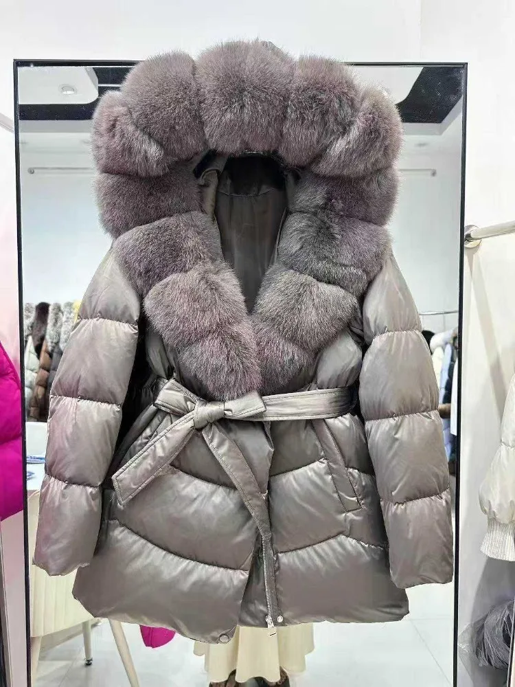2025 여성 겨울 90% 거위털 재킷 두꺼운 따뜻한 여성 파카 방수 럭셔리 대형 천연 은여우털 후드