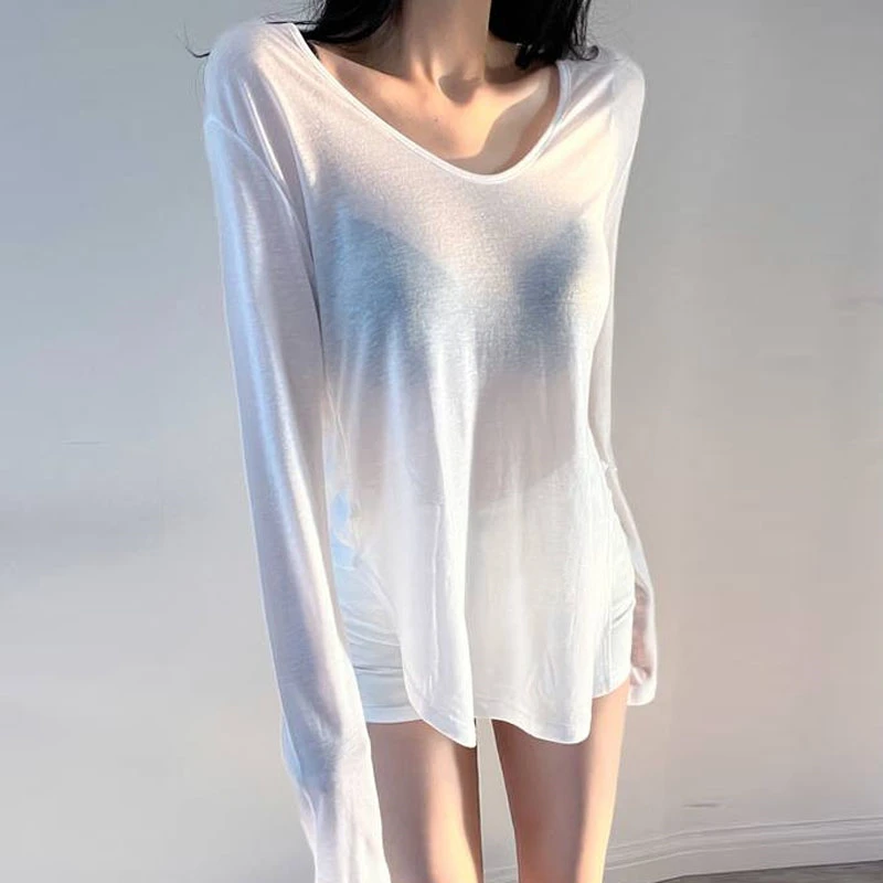 2026 sommer Sexy V-ausschnitt Durchsichtig Langarm T-Shirt Faul Stil Solide Lose Sonnencreme Shirt Frau Tops Einfache Atmungsaktive Tees