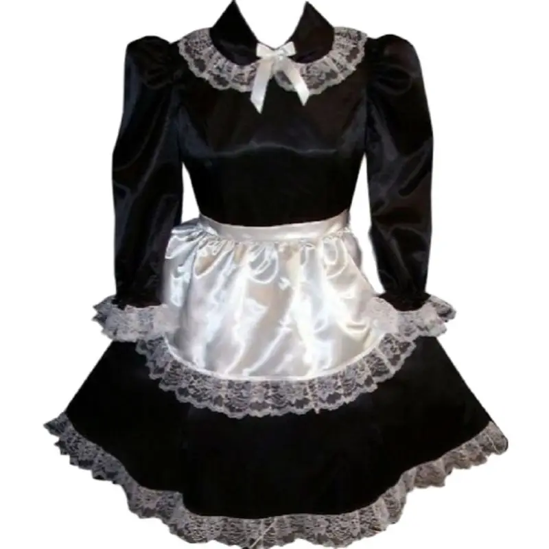 Lockable Sissy Dress Maid Black Satin Independent Apron Adult Little Girl Giant Baby Doll Costume Customization