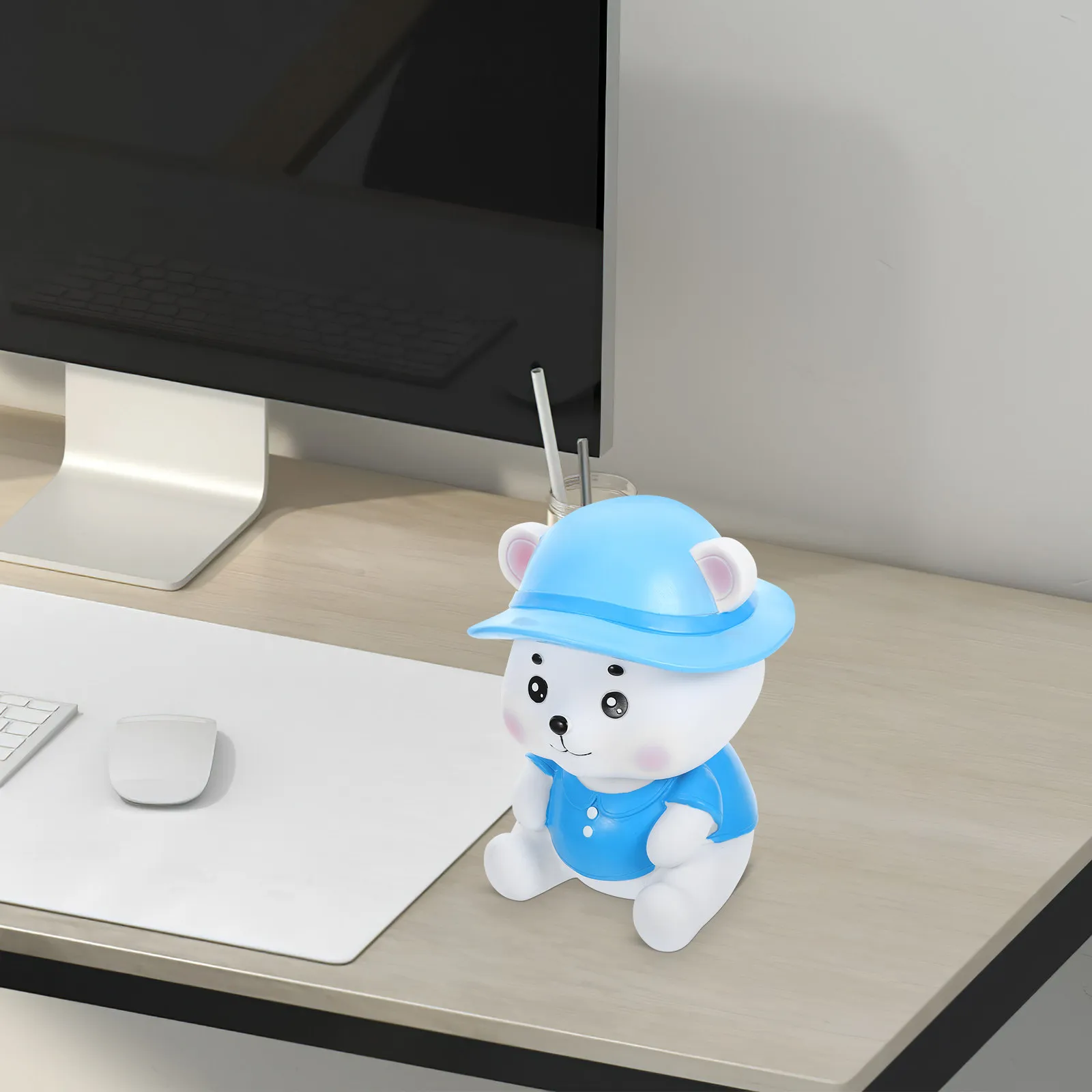 

Cute Bear Piggy Bank Vinyl PVC Material Flat Bottom Coin Bank for Desk Study Bedroom Living Room Decorative Saving Pot Birthday